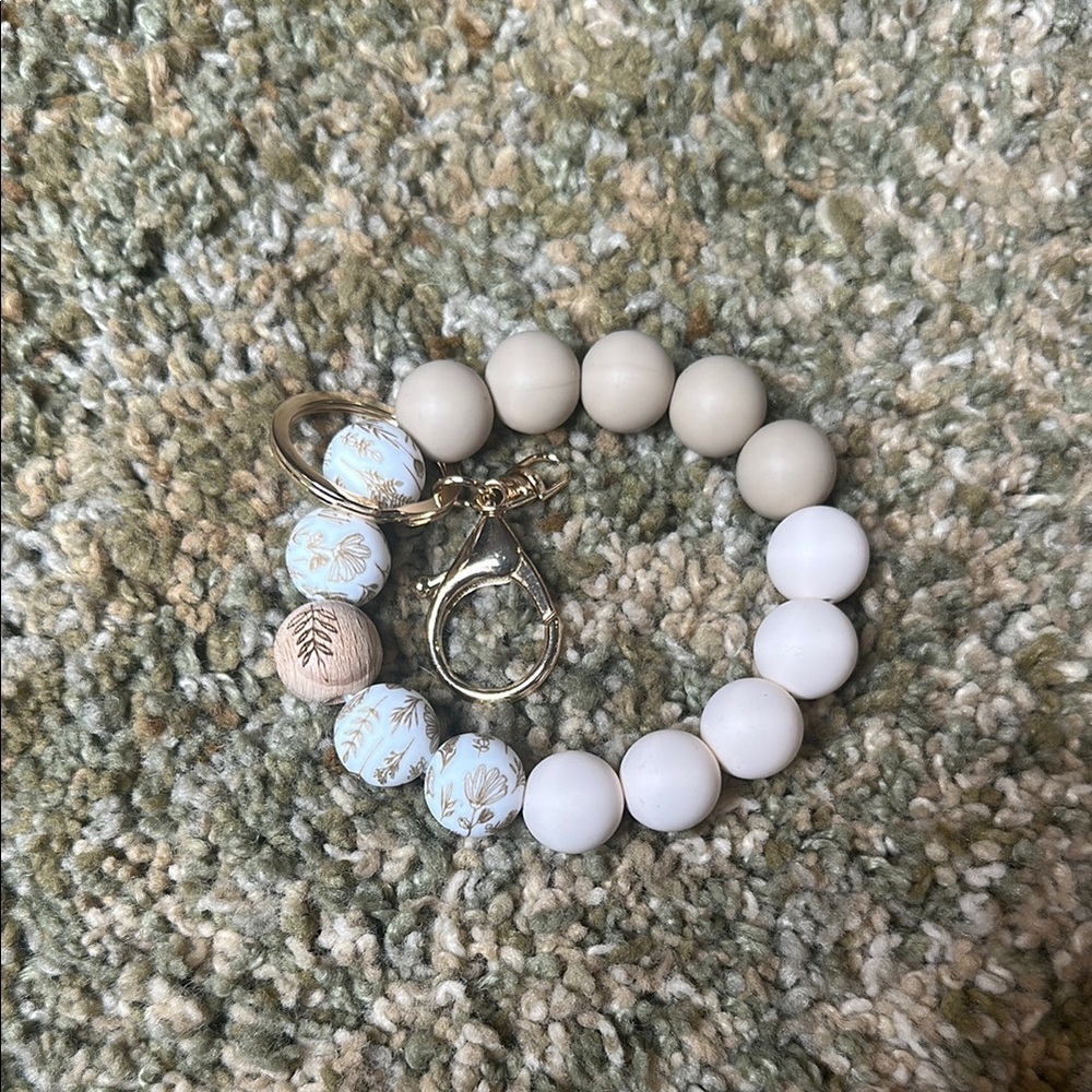 Wildflower & Leaf Taupe & Cream Keychain Bracelet Wristlet Silicone Beaded